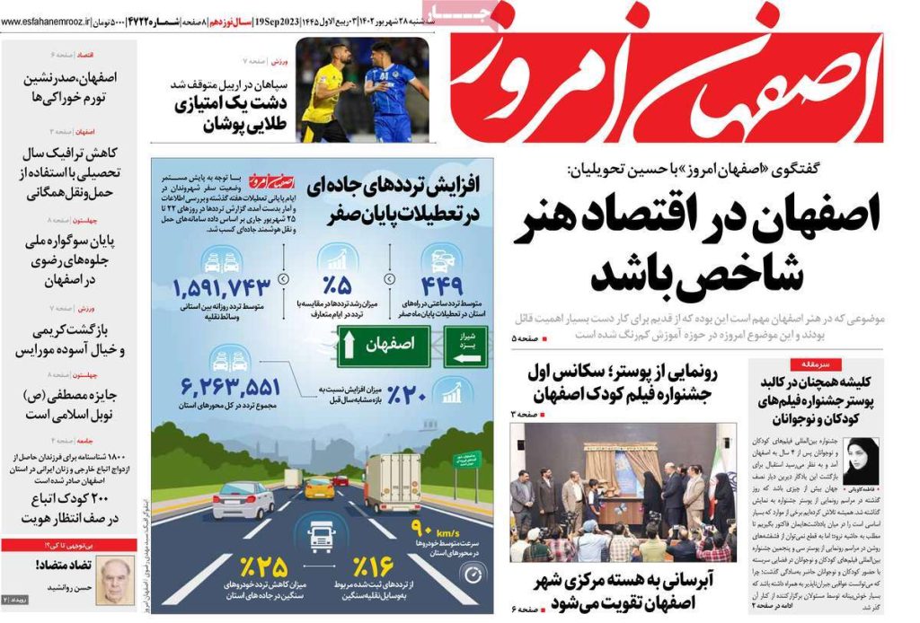 صفحه نخست روزنامه‌های امروز اصفهان سه شنبه ۲۸ شهریور ۱۴۰۲ » اصفهان امروز آنلاین