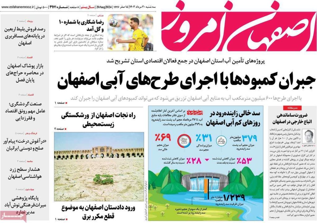 صفحه نخست روزنامه‌های امروز اصفهان سه شنبه ۳۰ مرداد ۱۴۰۳