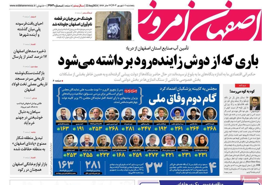 صفحه نخست روزنامه‌های امروز اصفهان پنجشنبه 1 شهریور 1403