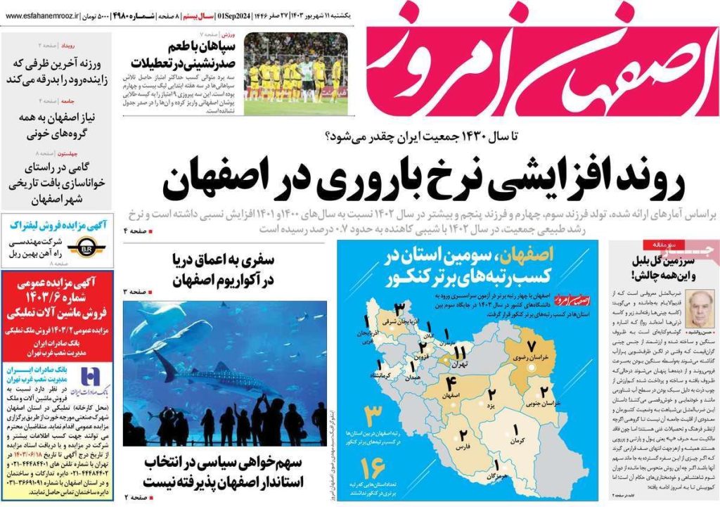 صفحه نخست روزنامه‌های امروز اصفهان یکشنبه ۱۱ شهریور ۱۴۰۳