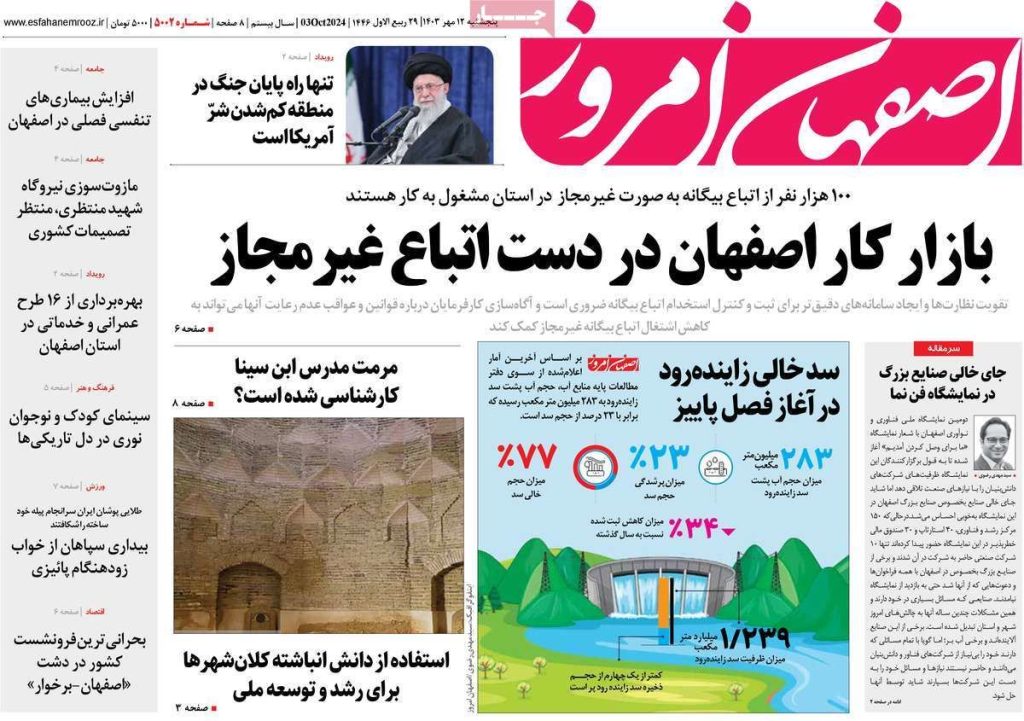 صفحه نخست روزنامه‌های امروز اصفهان پنجشنبه ۱۲ مهر ۱۴۰۳