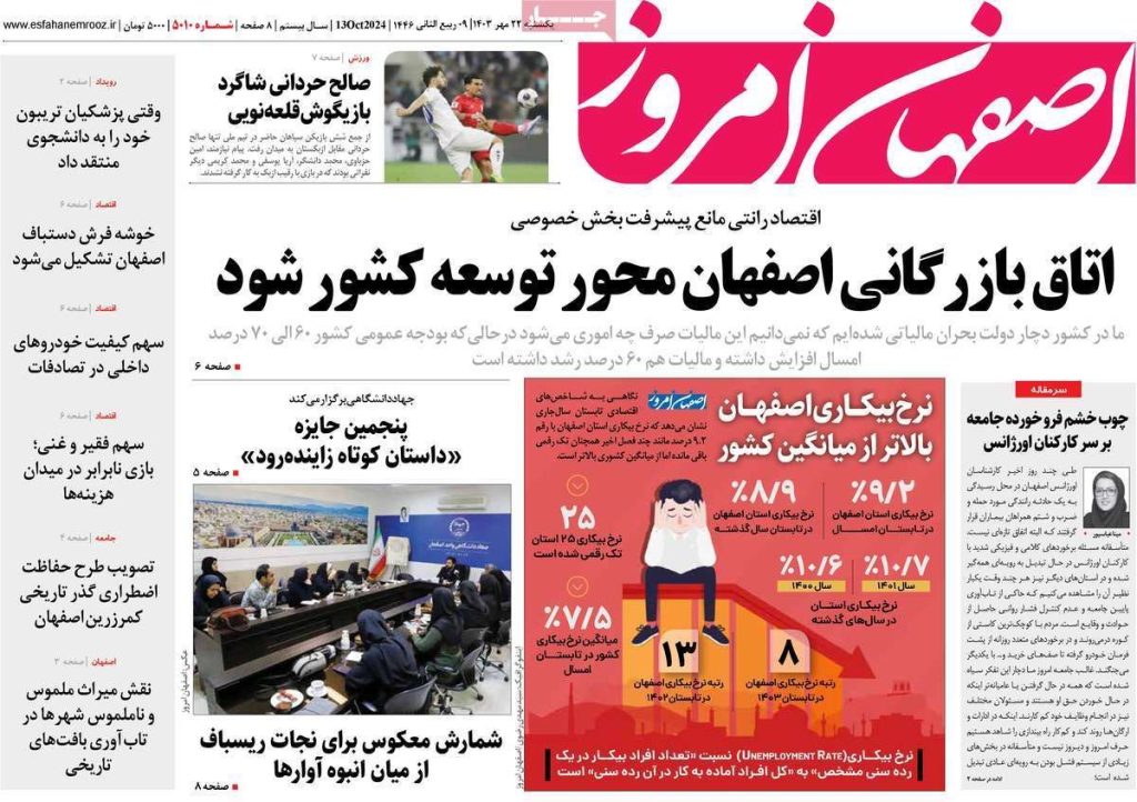 صفحه نخست روزنامه‌های امروز اصفهان یکشنبه ۲۲ مهر ۱۴۰۳