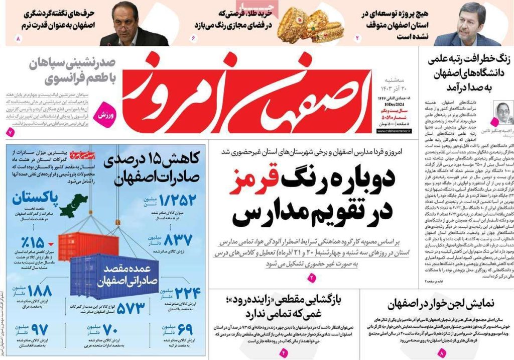 صفحه نخست روزنامه‌های امروز اصفهان سه شنبه ۲۰ آذر ۱۴۰۳