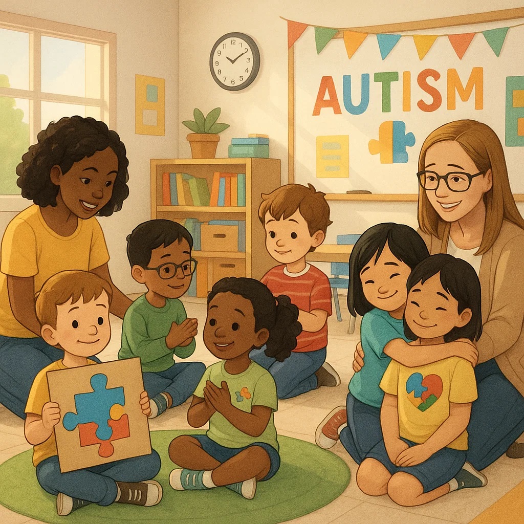 تصویری از یک اتاق درمان یا مدرسه که کودکان مبتلا به اوتیسم در حال انجام فعالیت‌های گروهی هستند.